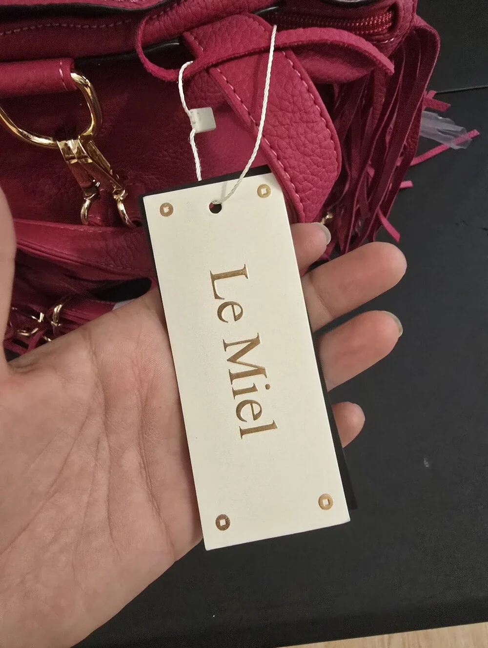 New LE Miel Vegan Hot Pink Fringe Moto Backpack Bag with Gold Hardware